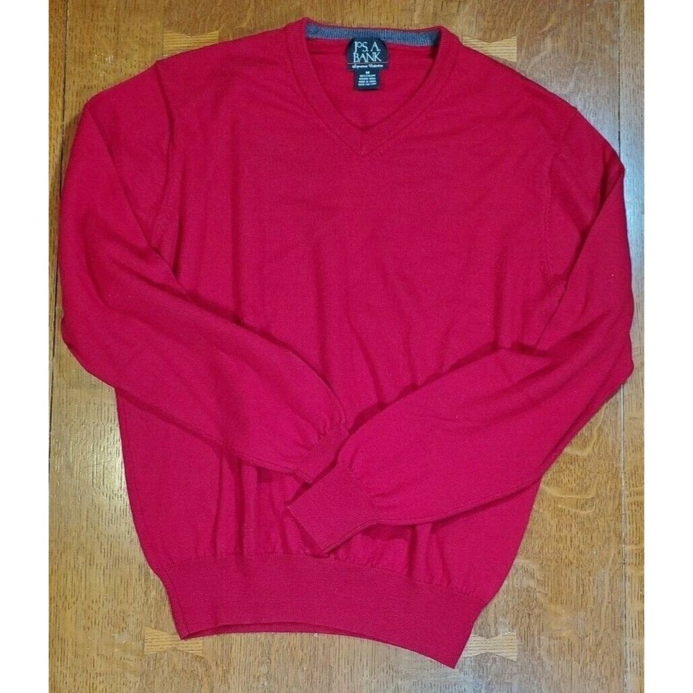 Jos A Bank Men's V-Neck Merino Wool Traveler‎ Sweater Pull Over Red Size Medium